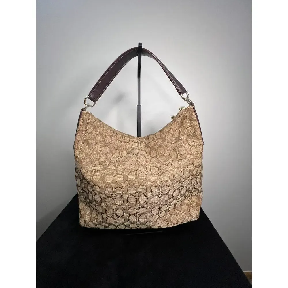 Coach F55365 Signature Canvas Zip Hobo Shoulder Bag Khaki Brown Leather Trim
